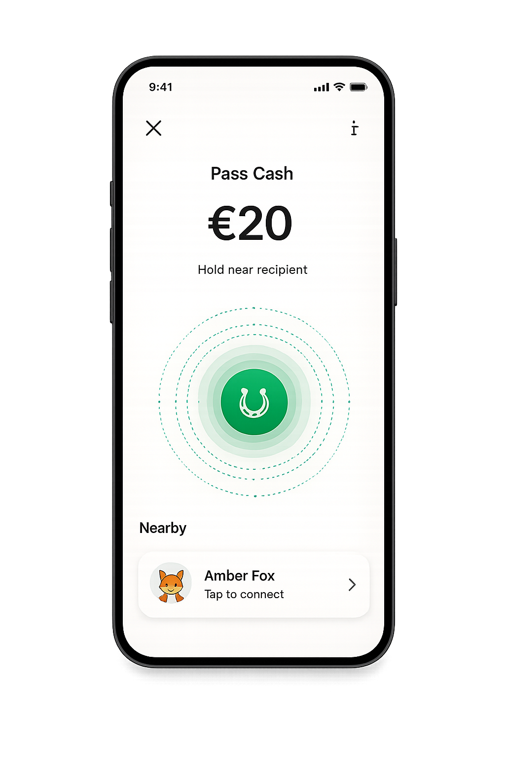 CASH app — Pass Cash screen showing a €20 transfer to Amber Fox